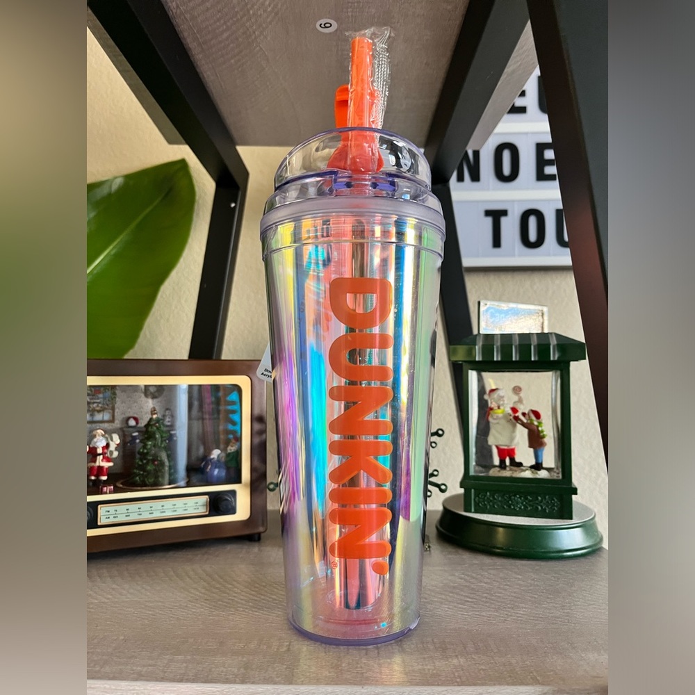 Dunkin’ Double Wall Iridescent Holographic Acrylic Tumbler with Straw 24 Oz NWT